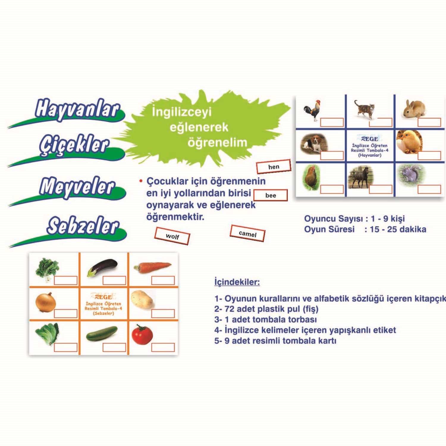 İngilizce Öğreten Resimli Tombala - 4 (Hayvanlar,Meyveler,Sebzeler,Çiçekler) 