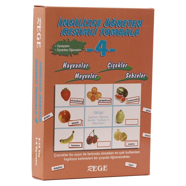 İngilizce Öğreten Resimli Tombala - 4 (Hayvanlar,Meyveler,Sebzeler,Çiçekler)